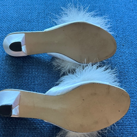 Feather Trimmed Satin Heeled Slippers 6.5, Vintage-Inspired Glam Boudoir Mules - Picture 4 of 8